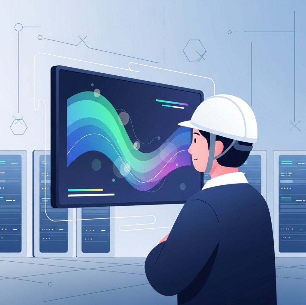 AI 데이터센터 화면을 분석하는 한국 엔지니어의 집중된 표정과 기술 협력 상황을 표현한 장면으로, UAE AI 첨단산업 협력이 새로운 성장 동력으로 활용되어야 합니다.