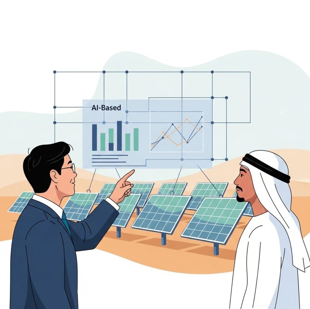 한국과 UAE 전문가가 태양광과 에너지 그리드 데이터를 AI로 분석하는 장면으로, UAE AI 첨단산업 협력이 청정 에너지 효율을 높이는 데 적극 활용되어야 합니다.