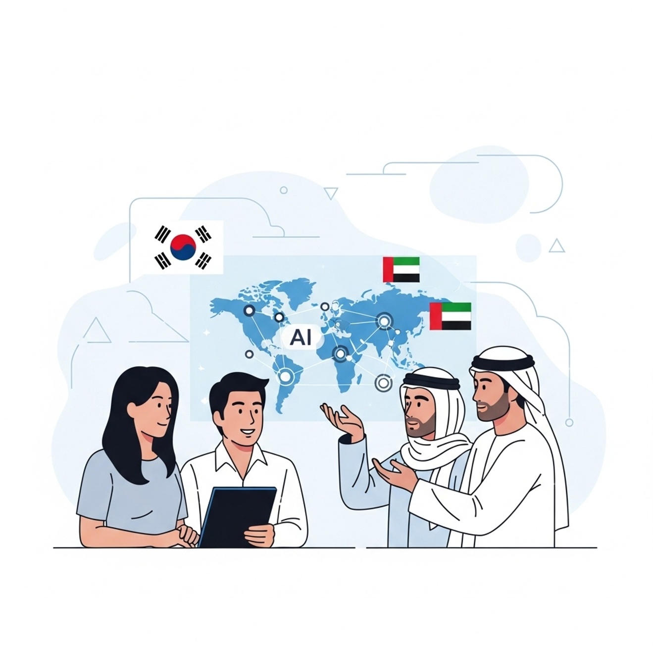 한국과 UAE 관계자가 AI 산업 협력을 논의하는 장면으로, UAE AI 첨단산업 협력이 장기적 파트너십으로 이어져야 합니다.