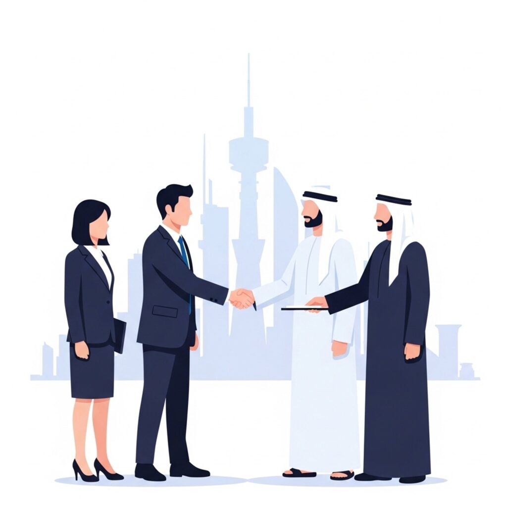 한국 기업과 중동 파트너가 협력하는 장면으로 사우디 주택사업 수주 지원을 통해 만들어질 향후 파급 효과를 간단히 보여줍니다.