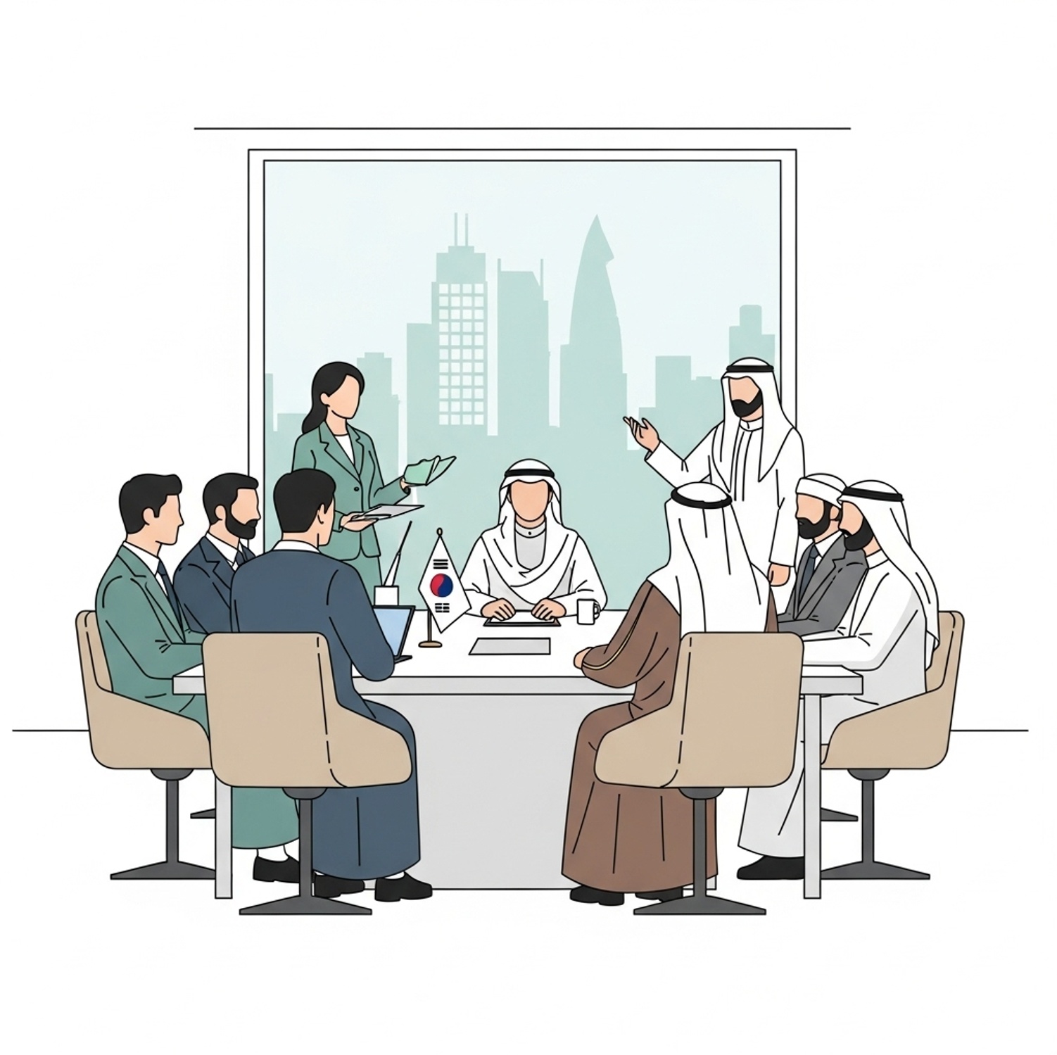 사우디와 한국 대표단이 도시개발 회의를 진행하는 장면으로 사우디 주택사업 수주 지원의 협력 구조를 보여주며 사업 기회를 이해하는 데 도움이 됩니다.
