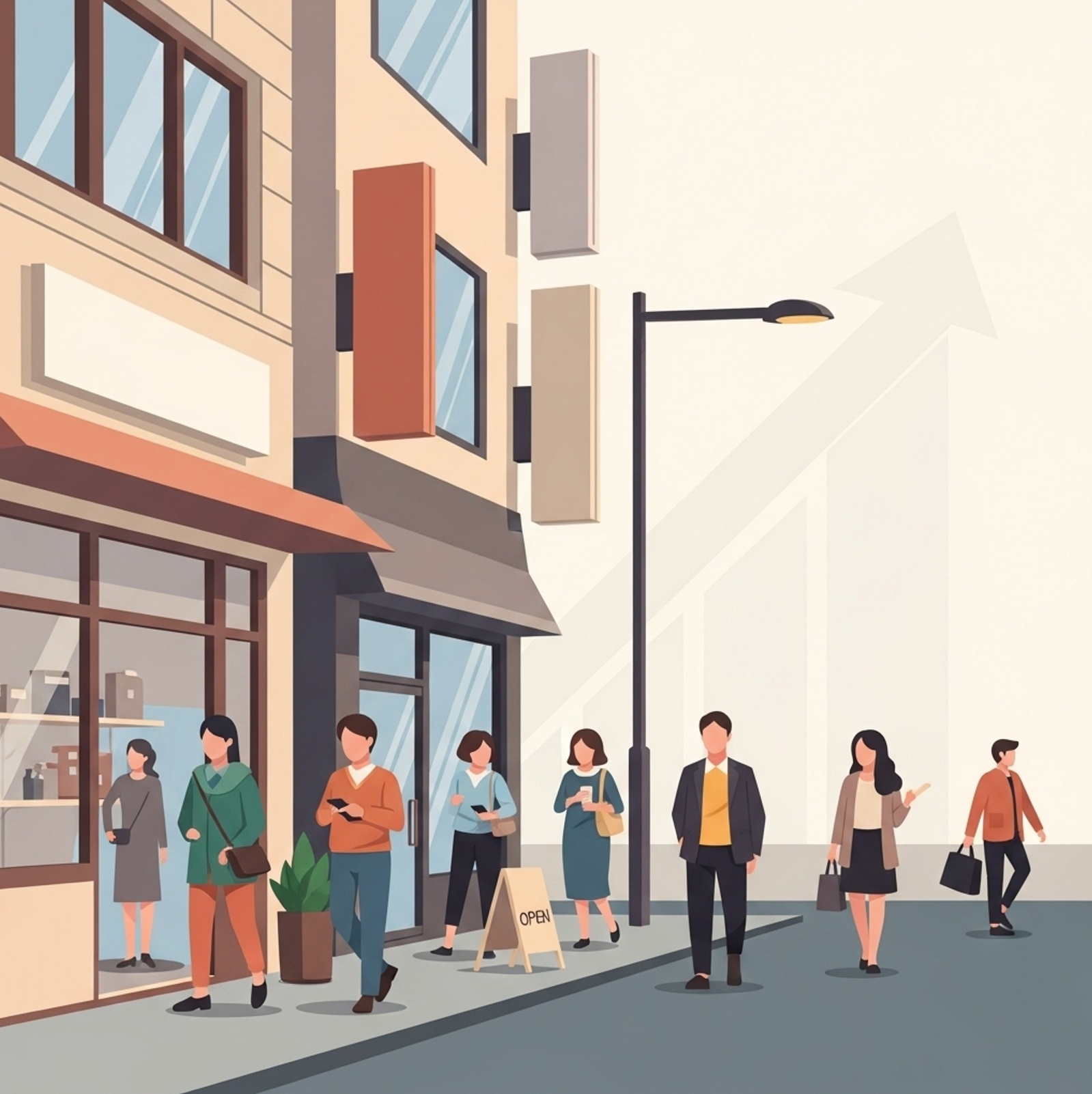 소상공인 체감경기 회복세가 그래프로 상승하는 모습을 상인들이 함께 확인하는 장면으로, 변화 흐름을 객관적으로 파악해 대응 전략을 준비해야 합니다.