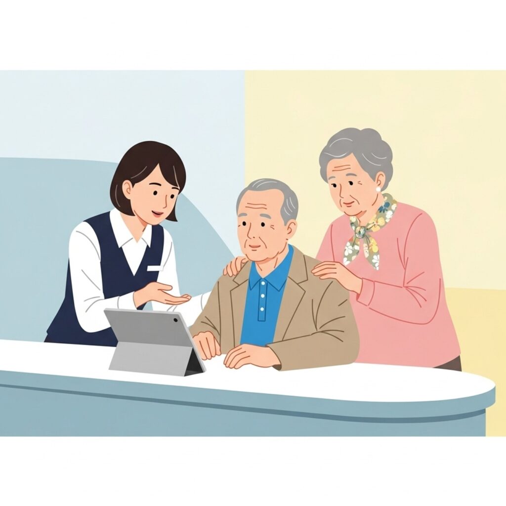 고령층 고객이 직원에게 도움을 받는 은행 창구 모습으로, 오프라인 오픈뱅킹과 마이데이터 서비스의 필요성을 이해하는 데 도움이 됩니다.