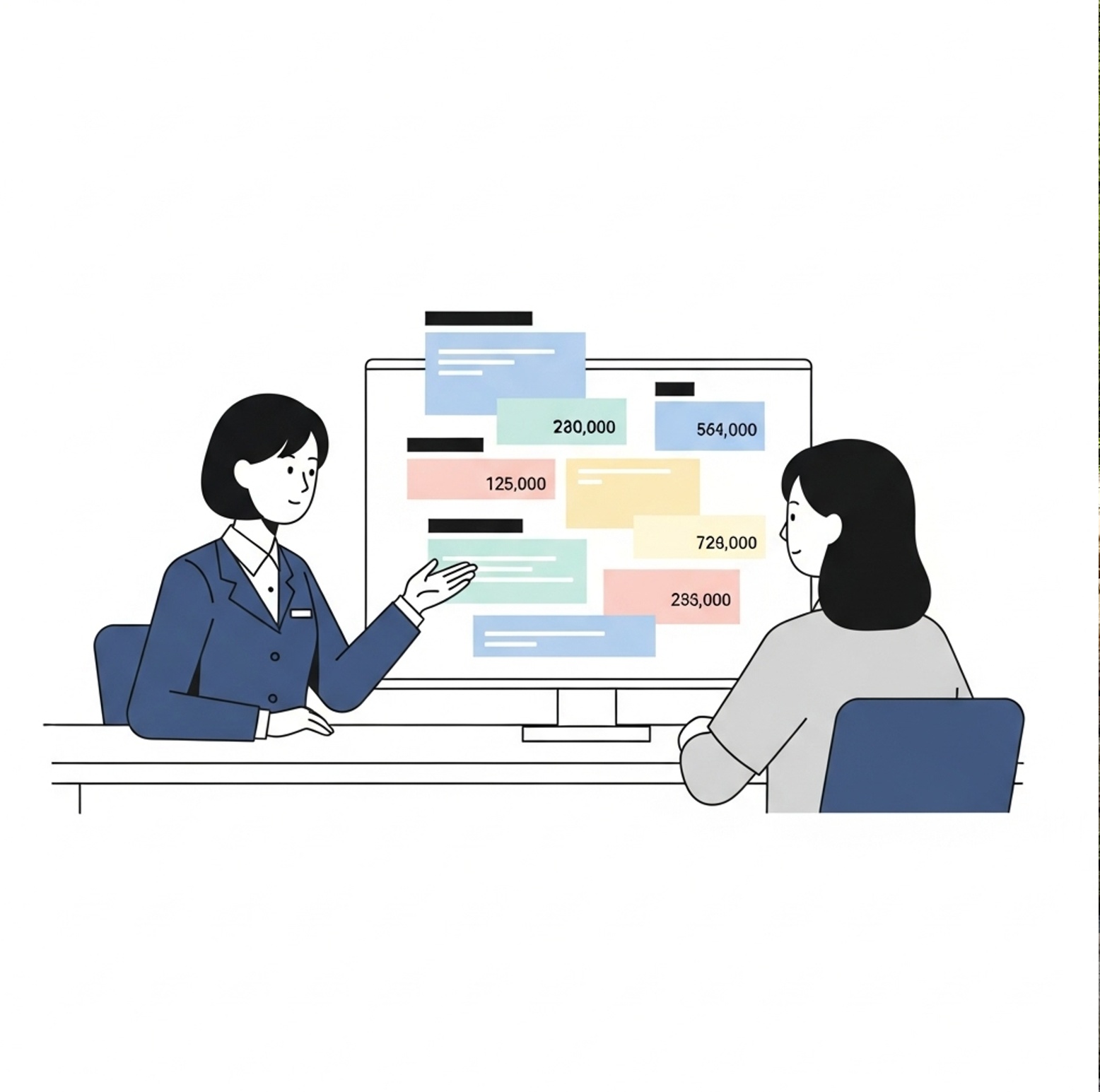 오프라인 오픈뱅킹과 마이데이터 서비스를 직원이 고객과 함께 살펴보는 장면으로, 오프라인 오픈뱅킹과 마이데이터 서비스의 접근성을 이해하는 데 필요합니다.