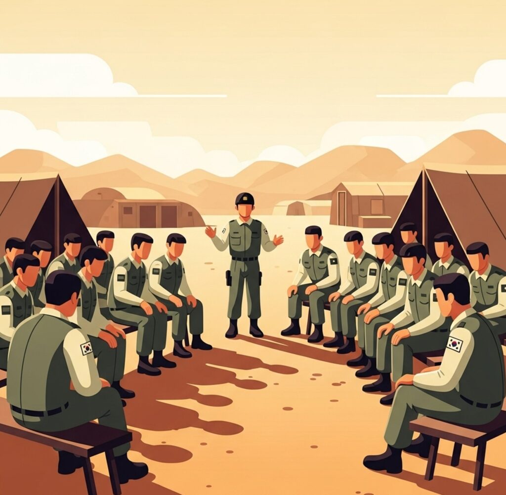 중동 파병 부대에서 장병들이 격려 메시지를 듣는 모습으로, 이재명 대통령 아크부대 격려가 장병들에게 주는 실제 의미를 정확히 이해해야 합니다.