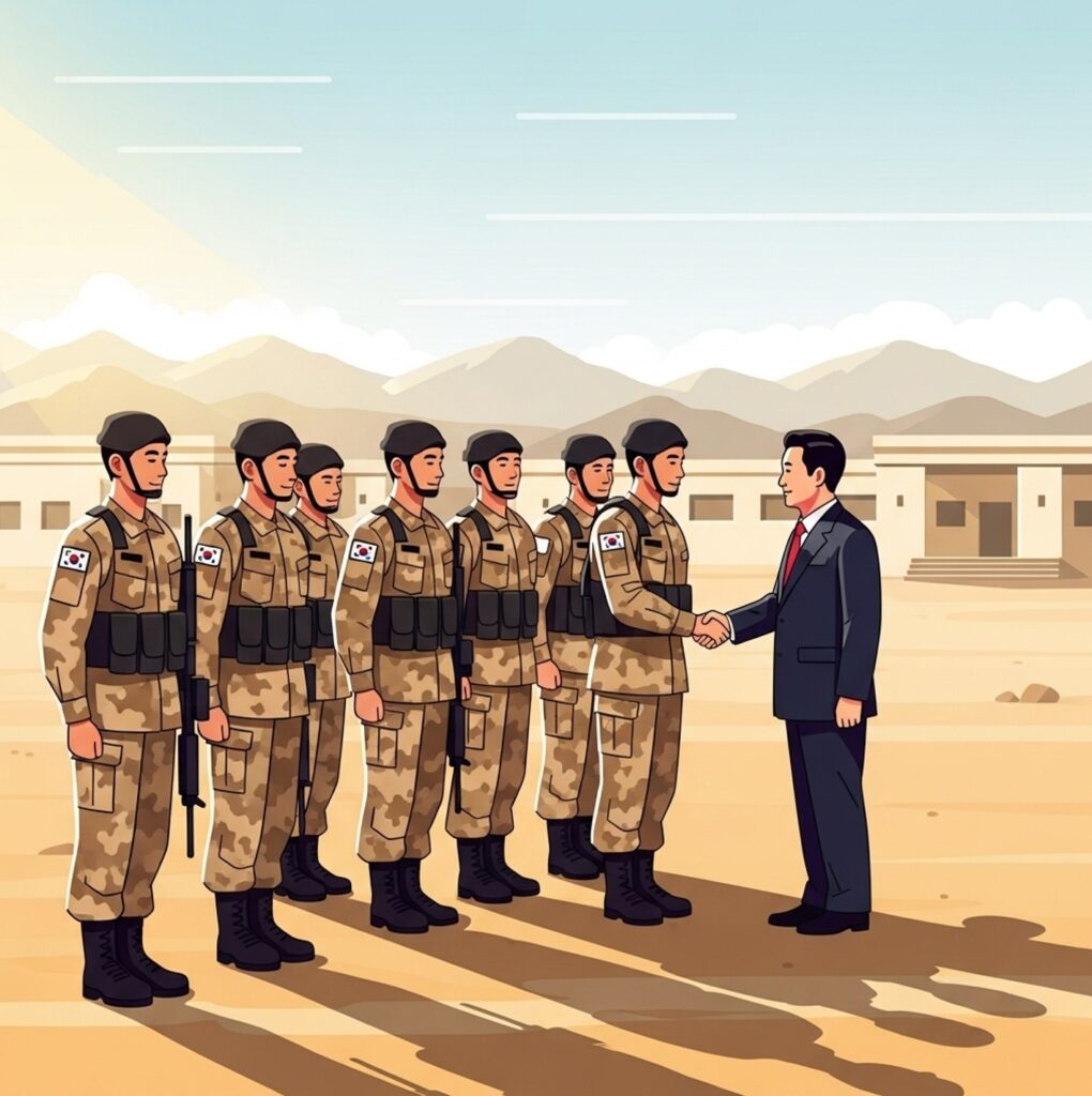 사막 파병용 베이지 전투복을 착용한 아크부대 장병들이 대통령을 맞이하는 장면으로, 이재명 대통령 아크부대 격려가 장병들에게 준 실제 의미를 정확히 이해해야 합니다.