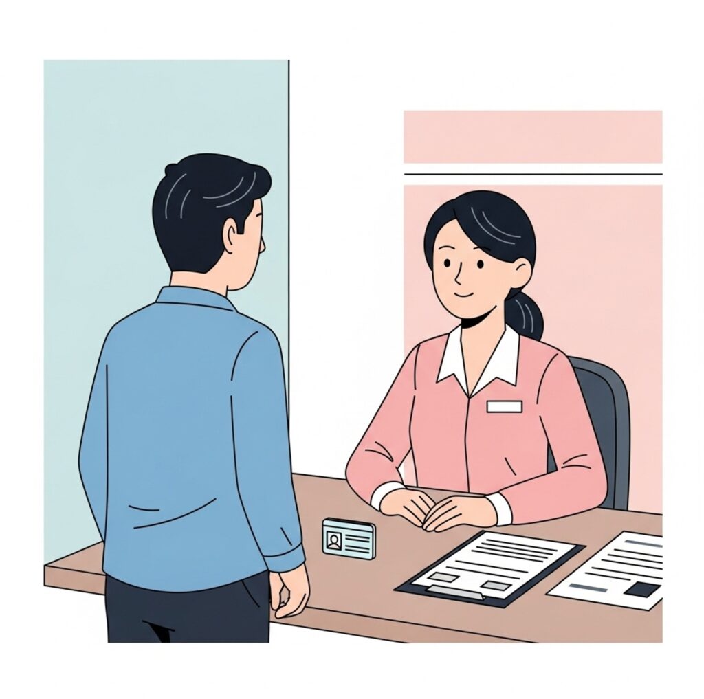 주민센터에서 주민이 신원 확인 상담을 받는 모습으로, 주민등록법 개정안으로 절차가 더 간단해졌습니다