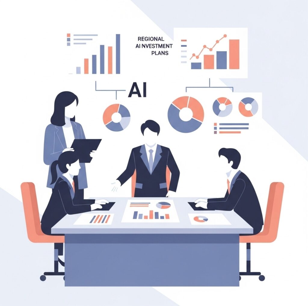 정책 담당자들이 지역 AI 대전환 투자를 검토하는 모습으로, 350억 원 지원의 목적을 파악하는 데 필요합니다.