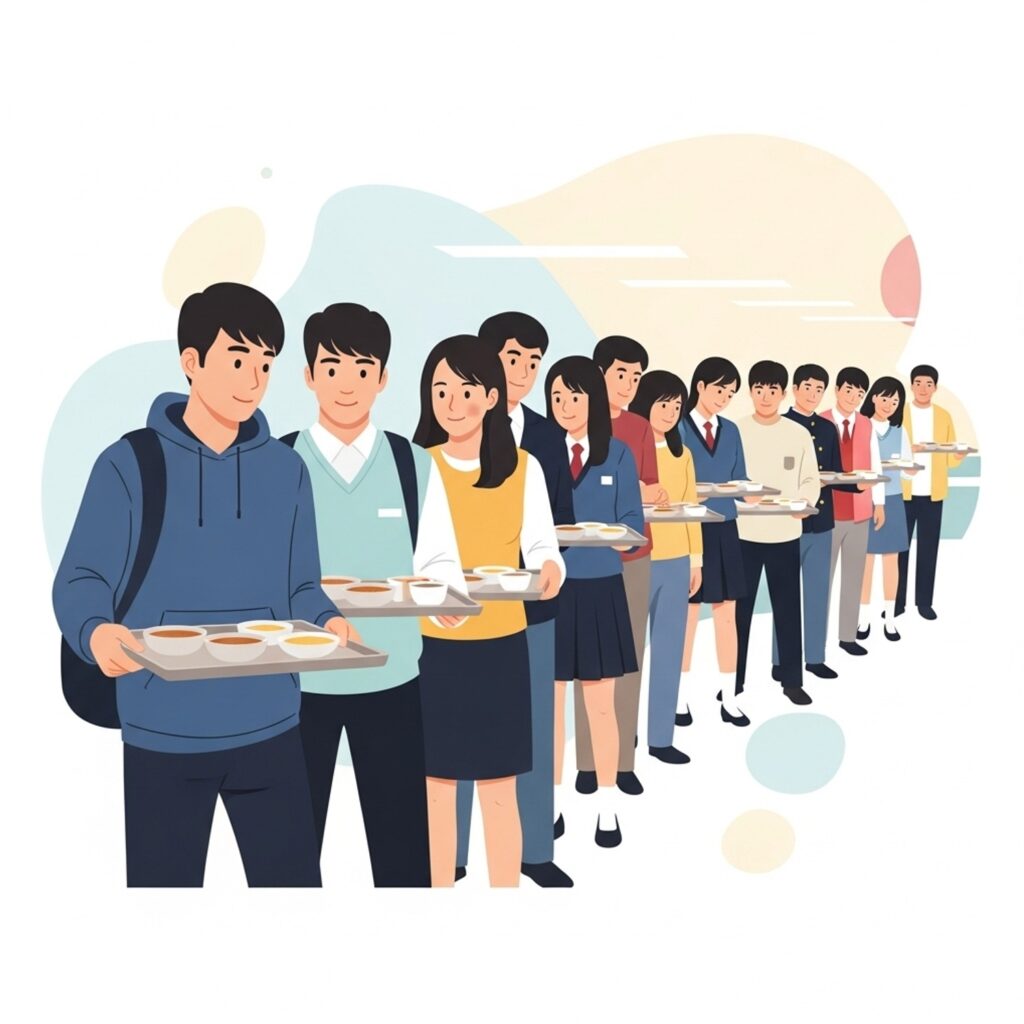 아침밥을 받기 위해 줄을 서 있는 학생들의 모습으로 천원의 아침밥 이용에서 느껴지는 장점과 불편을 자연스럽게 보여줍니다.