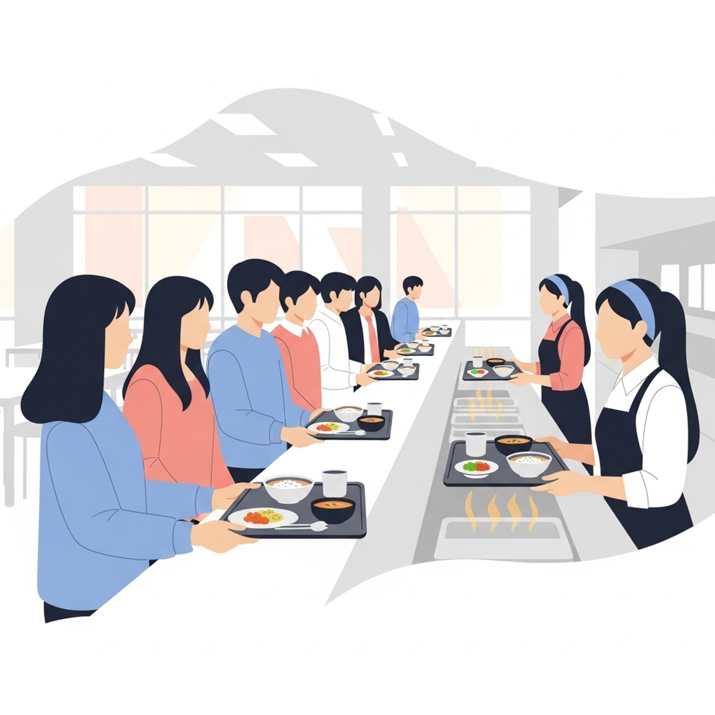 아침 식당에서 학생들이 따뜻한 식판을 받는 장면으로 천원의 아침밥 정책이 제공하는 지원과 혜택 흐름을 이해하는 데 도움이 됩니다.