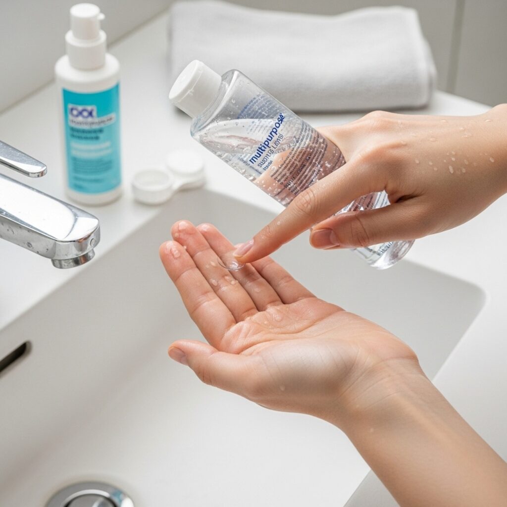 한국인 사용자가 콘택트렌즈 사용법에 따라 손바닥에 전용 용액을 떨어뜨리고 렌즈를 부드럽게 문질러 세척하는 모습으로, 감염을 예방하기 위해 위생적인 세척 절차를 꼼꼼하게 지켜야 합니다.