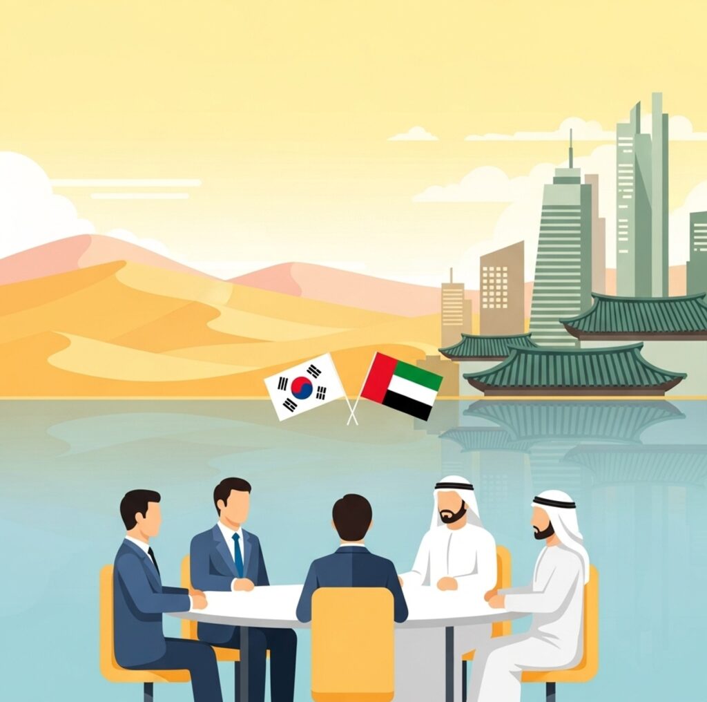 양국 대표단이 대화를 나누는 장면으로, 한-UAE 정상회담 경제협력 강화의 의미를 파악해야 합니다.