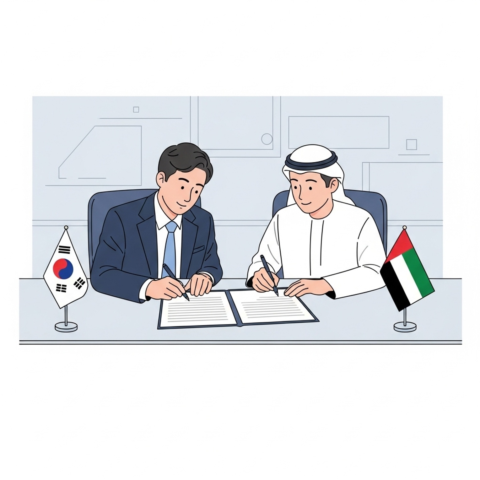 한국과 UAE 관계자들이 양해각서에 서명하는 장면을 단순화해 표현한 이미지로, 한국 UAE MOU가 산업과 협력 구조에 여는 실제 기회를 이해해야 합니다.