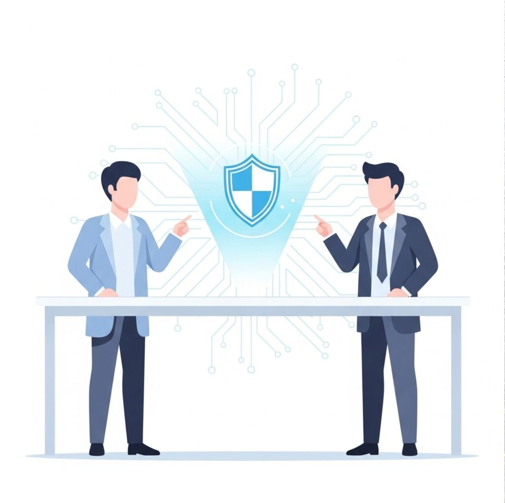 한미 무역 통상 협상에서 양국 전문가가 디지털 방패 홀로그램을 살펴보는 장면으로, 미래형 전략동맹의 방향성을 이해하는 데 필요합니다