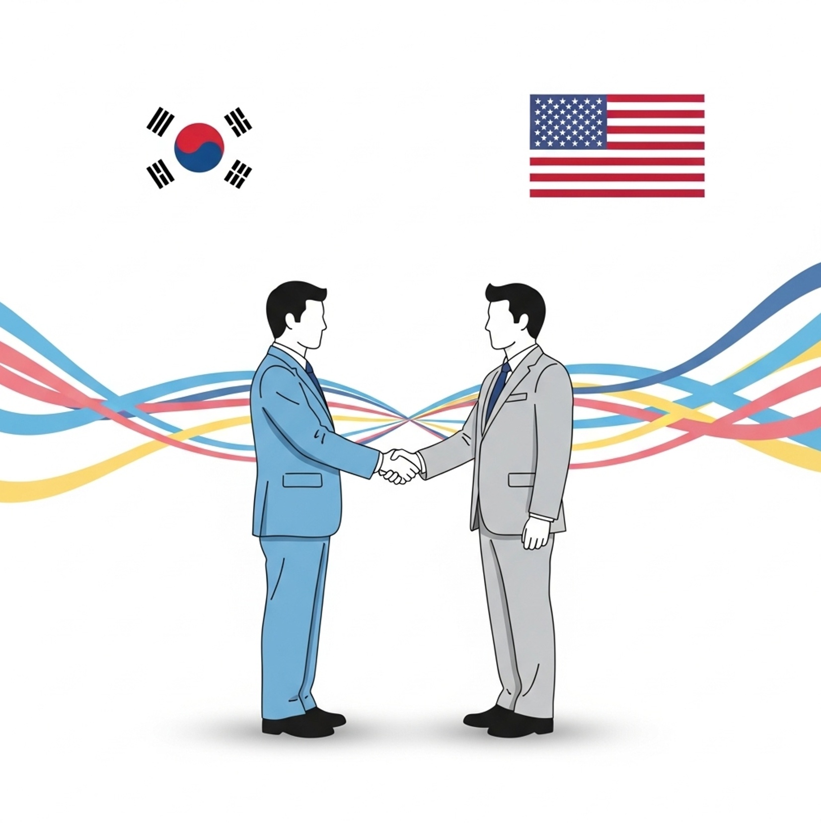 한미 경제 대표들이 손을 맞잡고 협력을 약속하는 장면으로, 한미 통상 협상의 확장 흐름을 위해 안정적인 협력이 필요합니다.