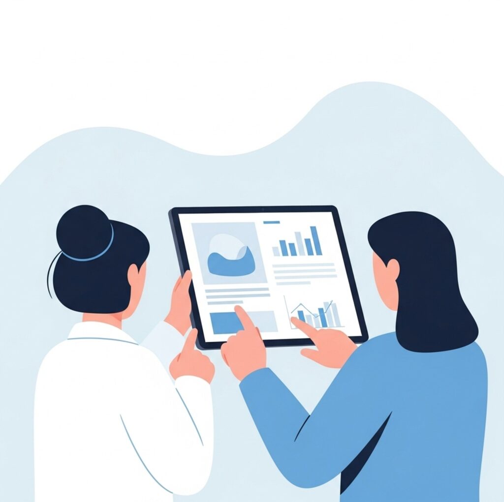 디지털 정책 자료를 살펴보는 의료진의 모습으로 비대면진료 제도화가 도입되는 배경을 이해하는 데 도움이 됩니다.